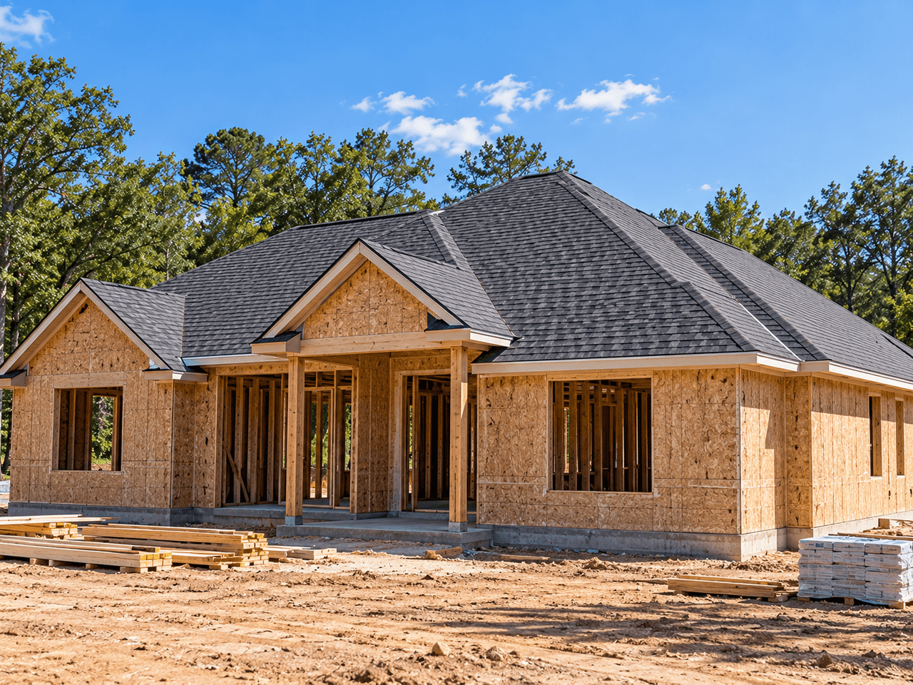 New construction home with wood framing and sheathing under a freshly installed shingle roof