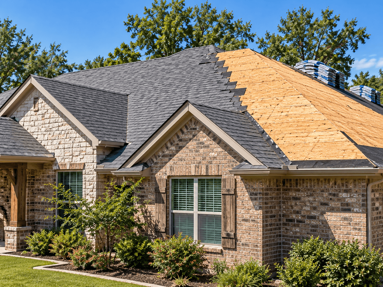 Home mid roof replacement, with old shingles removed and bare roof decking next to new shingles