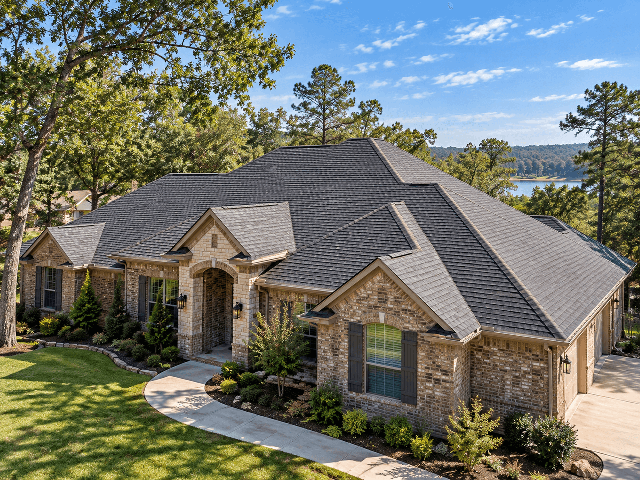 Aerial view of a brick and stone home with a dark architectural shingle roof and a lake in the background