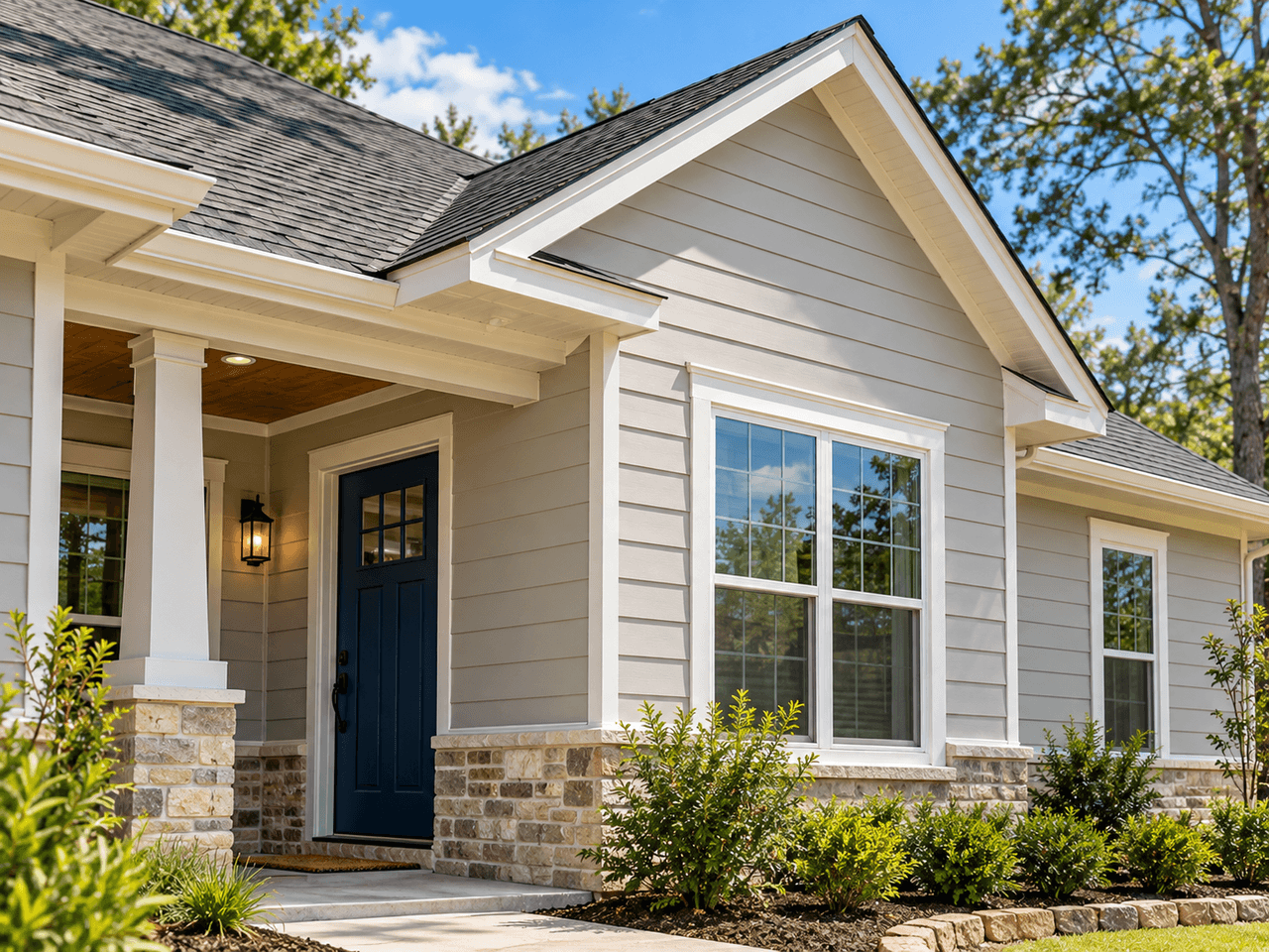Home with light gray horizontal fiber cement siding, white trim, stone base and a navy front door